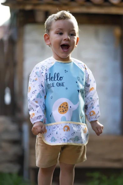 Fil Desenli Su Geçirmez Bebek Mama Önlüğü 3-24 Ay Kol Koruyuculu Silinebilir Mavi