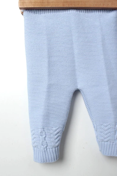 Erkek Bebek Mavi Triko Takım 4'lü Hırka, Pantolon, Bere, Patik Orta Kalın Örgü - 3