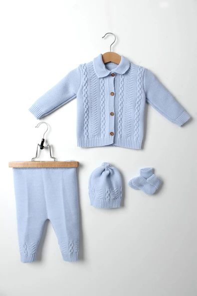 Erkek Bebek Mavi Triko Takım 4'lü Hırka, Pantolon, Bere, Patik Orta Kalın Örgü