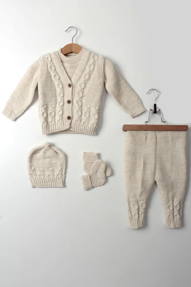 Unisex Bebek 5'li Bej Triko Takım Kışlık Yelek, Kazak, Pantolon, Bere, Patik Kalın Örgü - 5
