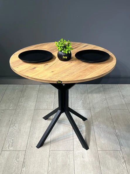 Hey Modüler Mobilya Saray Atlantik Çam Yuvarlak Mutfak Yemek Masası Balkon Metal Siyah Ayak 80 Cm
