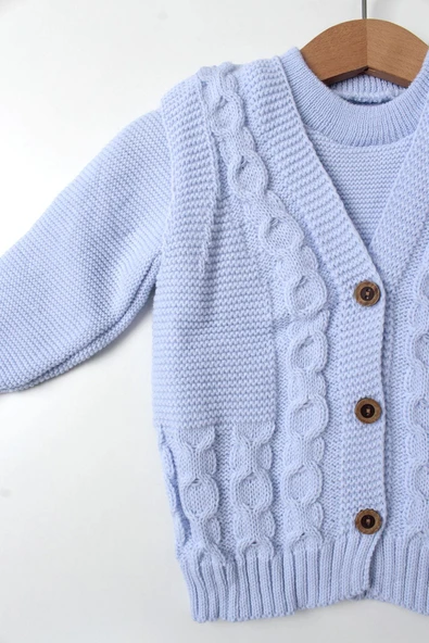 Erkek Bebek 5'li Mavi Triko Takım Kışlık Yelek, Kazak, Pantolon, Bere, Patik Kalın Örgü - 6