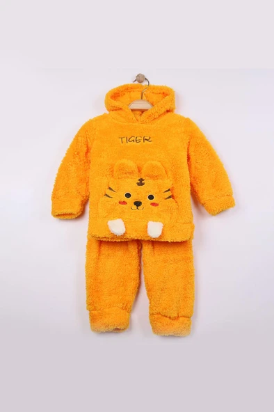 Erkek Bebek Çocuk Polar Takım Kaplan Desenli Kapüşonlu Peluş 2'li Kışlık Günlük Giyim
