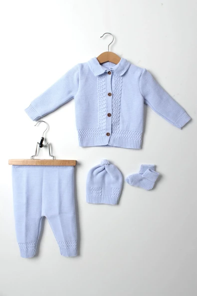 Bebek Triko Örgü Takım 4'lü Mavi Hırka Pantolon Bere Patik Yeni Doğan Kışlık Erkek - 4