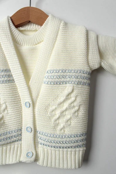 5'li Erkek Bebek Triko Takım 3-6 Ay, 6-9 Ay Yelek Kazak Bere Eldiven Şapka Beyaz Mavi - 4