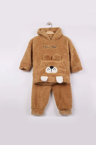 Erkek Bebek Çocuk Polar Takım Ayıcık Desenli Kapüşonlu Peluş 2'li Kışlık Günlük Giyim
