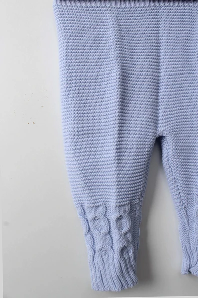 Erkek Bebek 5'li Mavi Triko Takım Kışlık Yelek, Kazak, Pantolon, Bere, Patik Kalın Örgü - 3