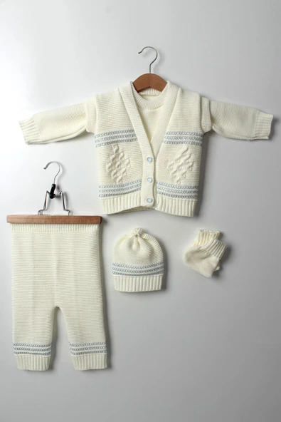 5'li Erkek Bebek Triko Takım 3-6 Ay, 6-9 Ay Yelek Kazak Bere Eldiven Şapka Beyaz Mavi
