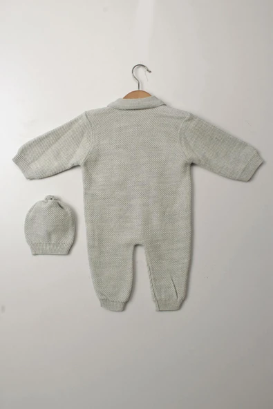 Gri Unisex Bebek Tulum Şapkalı Triko Düğmeli Örgü Kışlık Yenidoğan Uzun Kollu Tulum Takım - 7