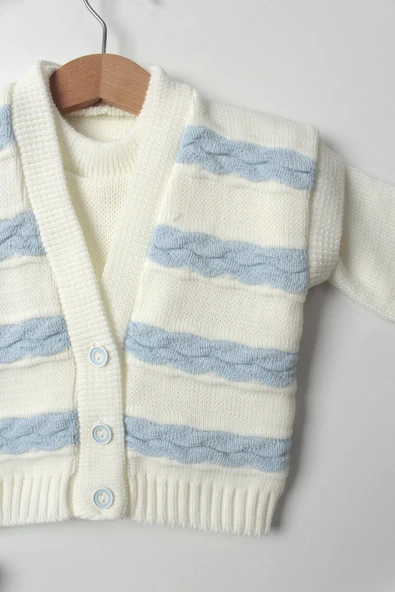 Yeni Doğan Erkek Bebek 5'li Triko Takım Mavi Kazak Yelek Pantolon Şapka Patik - 2