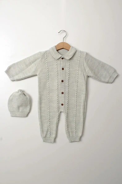 Gri Unisex Bebek Tulum Şapkalı Triko Düğmeli Örgü Kışlık Yenidoğan Uzun Kollu Tulum Takım