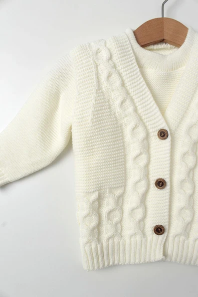 Unisex Bebek 5'li Beyaz Triko Takım Kışlık Yelek, Kazak, Pantolon, Bere, Patik Kalın Örgü - 6