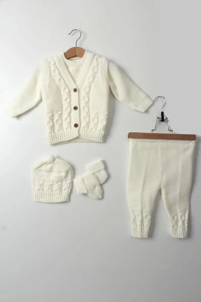 Unisex Bebek 5'li Beyaz Triko Takım Kışlık Yelek, Kazak, Pantolon, Bere, Patik Kalın Örgü - 5
