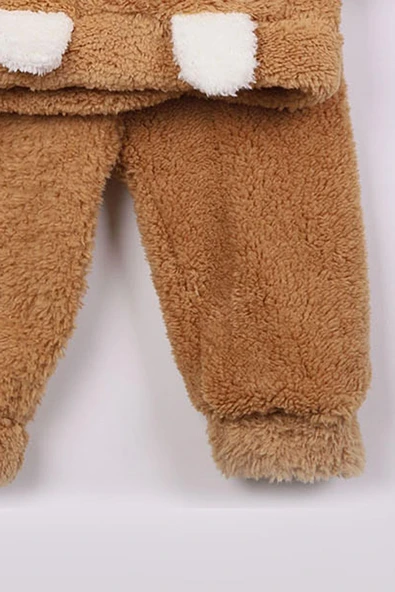 Erkek Bebek Çocuk Polar Takım Ayıcık Desenli Kapüşonlu Peluş 2'li Kışlık Günlük Giyim - 3