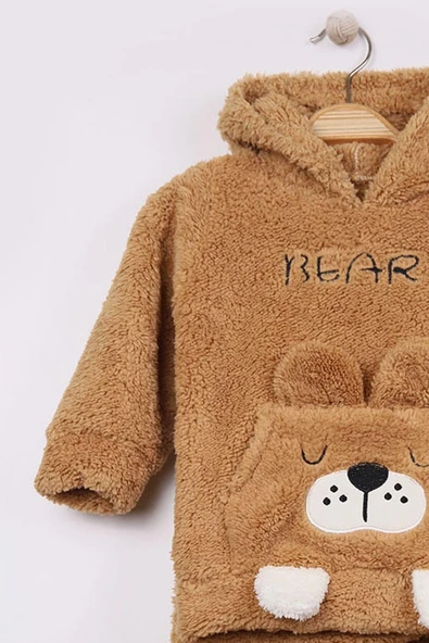 Erkek Bebek Çocuk Polar Takım Ayıcık Desenli Kapüşonlu Peluş 2'li Kışlık Günlük Giyim - 2