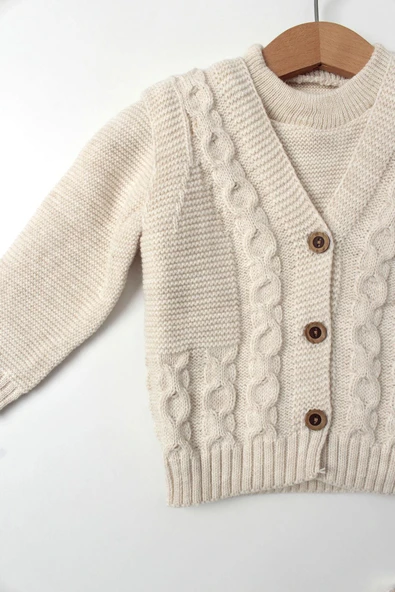 Unisex Bebek 5'li Bej Triko Takım Kışlık Yelek, Kazak, Pantolon, Bere, Patik Kalın Örgü - 2