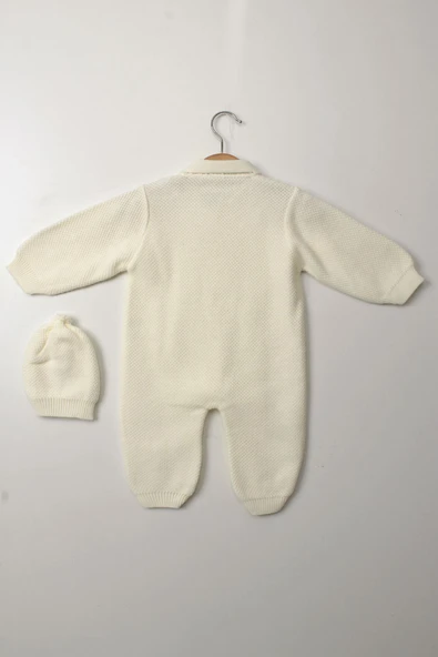 Beyaz Unisex Bebek Tulum Triko Şapkalı Düğmeli Kışlık Uzun Kollu Yenidoğan Örgü Takım - 2
