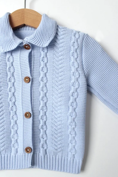 Erkek Bebek Mavi Triko Takım 4'lü Hırka, Pantolon, Bere, Patik Orta Kalın Örgü - 5