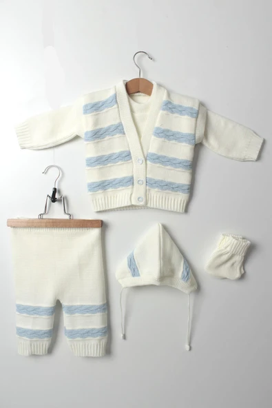 Yeni Doğan Erkek Bebek 5'li Triko Takım Mavi Kazak Yelek Pantolon Şapka Patik - 5