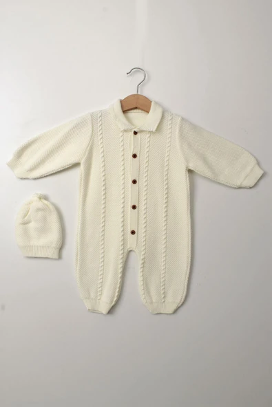 Beyaz Unisex Bebek Tulum Triko Şapkalı Düğmeli Kışlık Uzun Kollu Yenidoğan Örgü Takım