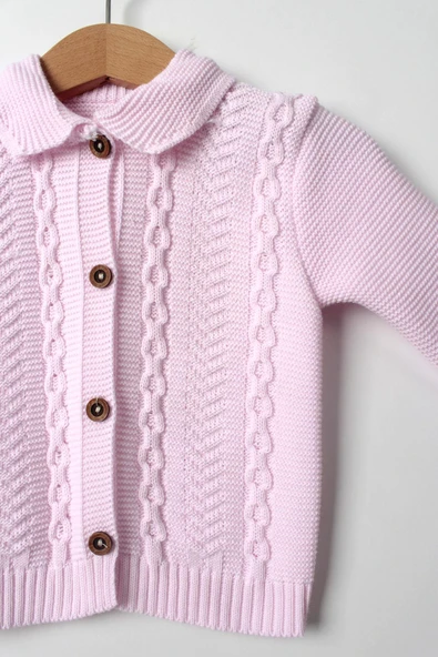 Kız Bebek Pembe Triko Takım 4'lü Hırka, Pantolon, Bere, Patik Orta Kalın Örgü - 2