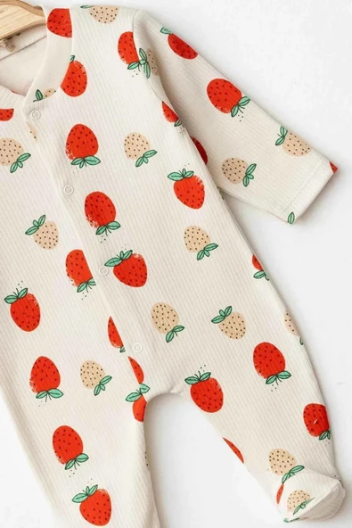 Bej Kız Bebek Tulum Çilek Desenli Pamuklu Patikli Uzun Kollu Mevsimlik Tulum - 3