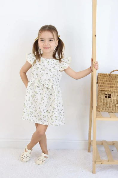 Kız Çocuk Haki Yazlık Çiçekli Fiyonklu Elbise - Kısa Kollu Günlük Elbise 3-6 Yaş - Resim 7
