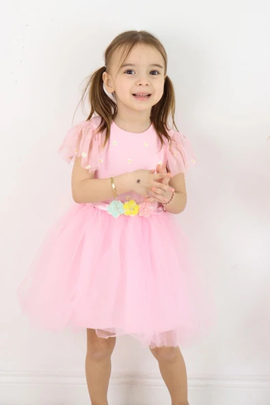 Kız Çocuk Pembe Prenses Elbise – Tüllü, Çiçek Nakışlı, Doğum Günü ve Özel Günler İçin Şık - 3