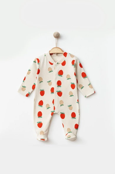 Bej Kız Bebek Tulum Çilek Desenli Pamuklu Patikli Uzun Kollu Mevsimlik Tulum