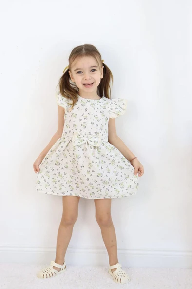 Kız Çocuk Haki Yazlık Çiçekli Fiyonklu Elbise - Kısa Kollu Günlük Elbise 3-6 Yaş - Resim 11