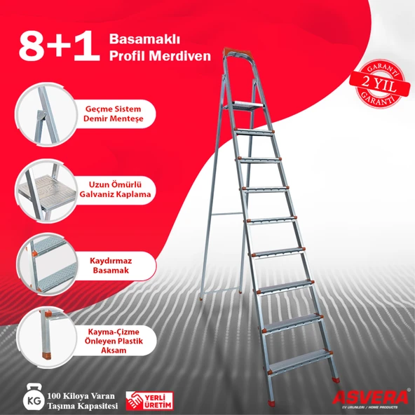 ASVERA 8+1 Basamaklı Profil Merdiven – Hafif, Kaymaz, Ev & İş Yeri Kullanımı İçin - Resim 2