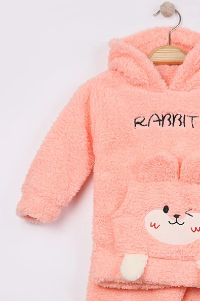 Kız Bebek Çocuk 2'li Polar Takım Tavşanlı Kapüşonlu Peluş Kışlık Günlük Rahat Giyim - 2