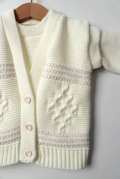 5'li Kız Bebek Triko Takım 3-6 Ay, 6-9 Ay Yelek Kazak Bere Eldiven Şapka Beyaz Pembe - 8