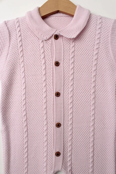 Pembe Kız Bebek Tulum Şapkalı Triko Düğmeli Uzun Kollu Kışlık Yenidoğan Giyim - 8