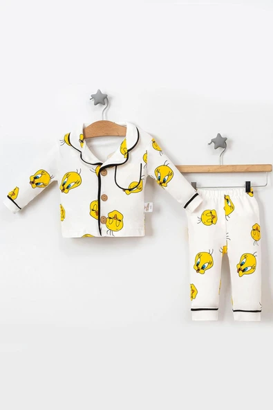 Bebek Pijama Takımı Tweety Desenli Pamuklu Uzun Kollu Çizgi Film Karakterli Sarı