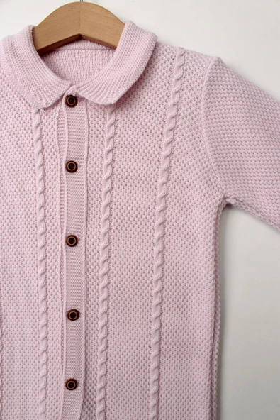 Pembe Kız Bebek Tulum Şapkalı Triko Düğmeli Uzun Kollu Kışlık Yenidoğan Giyim - 4