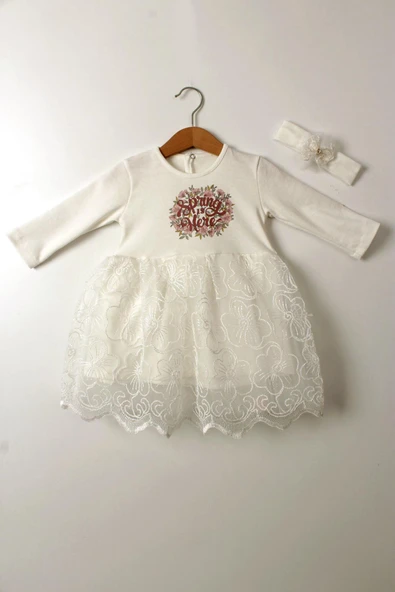 Kız Bebek Beyaz Elbise Tül Dantel Uzun Kollu Baharlık Doğum Günü Düğün Özel Gün