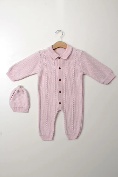 Pembe Kız Bebek Tulum Şapkalı Triko Düğmeli Uzun Kollu Kışlık Yenidoğan Giyim - 6