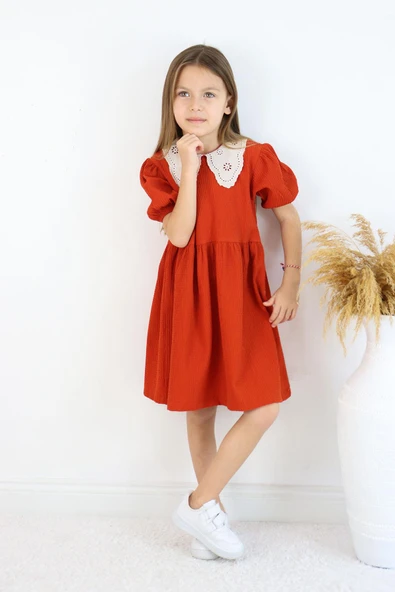 Kız Çocuk Kiremit Elbise - Beyaz Yaka Detaylı, Kısa Kollu, Günlük ve Özel Günler İçin Şık - Resim 9