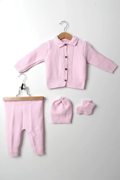 Bebek Triko Örgü Takım 4'lü Pembe Hırka Pantolon Bere Patik Yeni Doğan Kışlık Kız - 4
