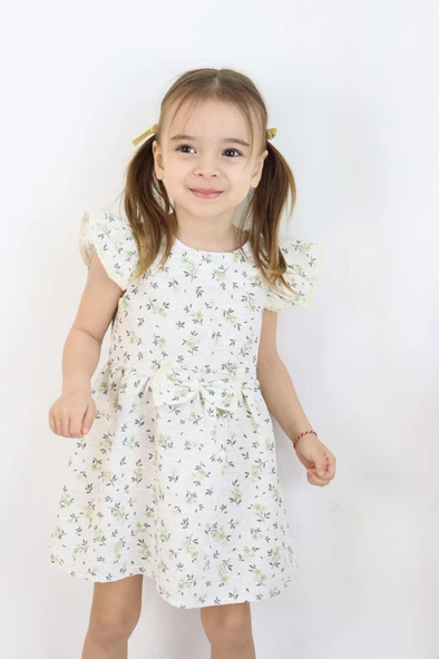 Kız Çocuk Haki Yazlık Çiçekli Fiyonklu Elbise - Kısa Kollu Günlük Elbise 3-6 Yaş - Resim 4