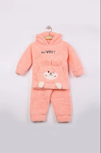 Kız Bebek Çocuk 2'li Polar Takım Tavşanlı Kapüşonlu Peluş Kışlık Günlük Rahat Giyim - 10