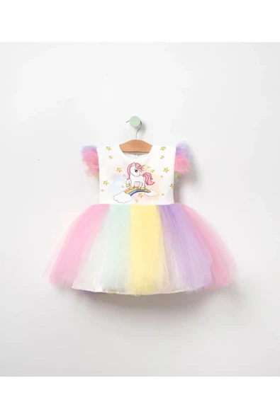 Kız Çocuk Unicorn Baskılı Renkli Tütü Tüllü Prenses Doğum Günü Parti Elbisesi