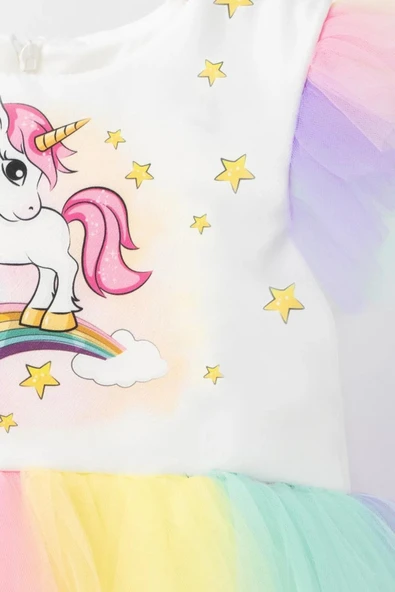 Kız Çocuk Unicorn Baskılı Renkli Tütü Tüllü Prenses Doğum Günü Parti Elbisesi - 2