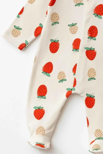 Bej Kız Bebek Tulum Çilek Desenli Pamuklu Patikli Uzun Kollu Mevsimlik Tulum - 7