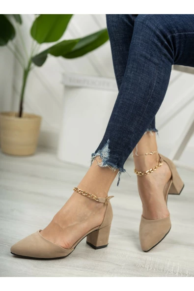 MERVE BAŞ Bilekten Zincir Detaylı Klasik Kalın Topuklu Ayakkabı - 2