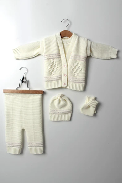 5'li Kız Bebek Triko Takım 3-6 Ay, 6-9 Ay Yelek Kazak Bere Eldiven Şapka Beyaz Pembe - 5