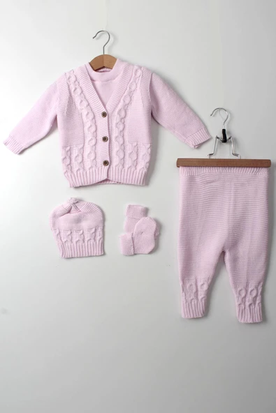 Kız Bebek 5'li Pembe Triko Takım Kışlık Yelek, Kazak, Pantolon, Bere, Patik Kalın Örgü