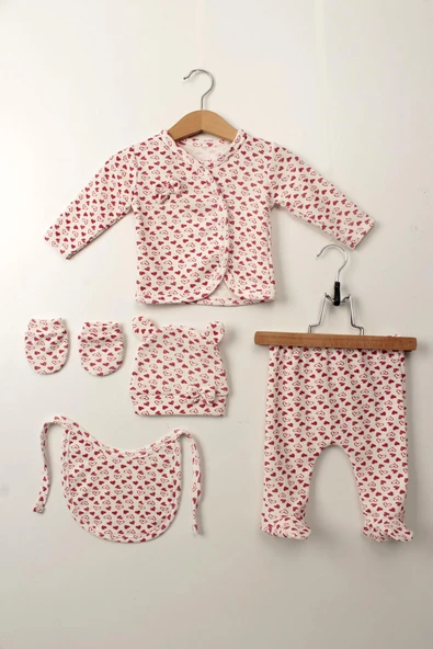 Bebek Hastane Çıkışı 5'li Set - Organik Pamuk,Karışık Kalpli Desen, Yumuşak ve Nefes Alabilir