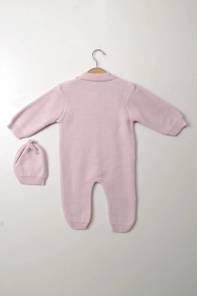Pembe Kız Bebek Tulum Şapkalı Triko Düğmeli Uzun Kollu Kışlık Yenidoğan Giyim - 7